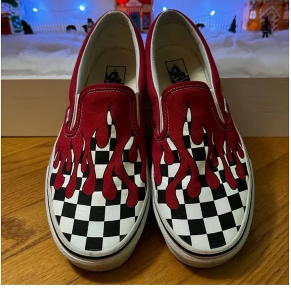 🔥 Vans custom Slip-On Checkerboard Flame Red & White Shoes - Picture 4 of 9